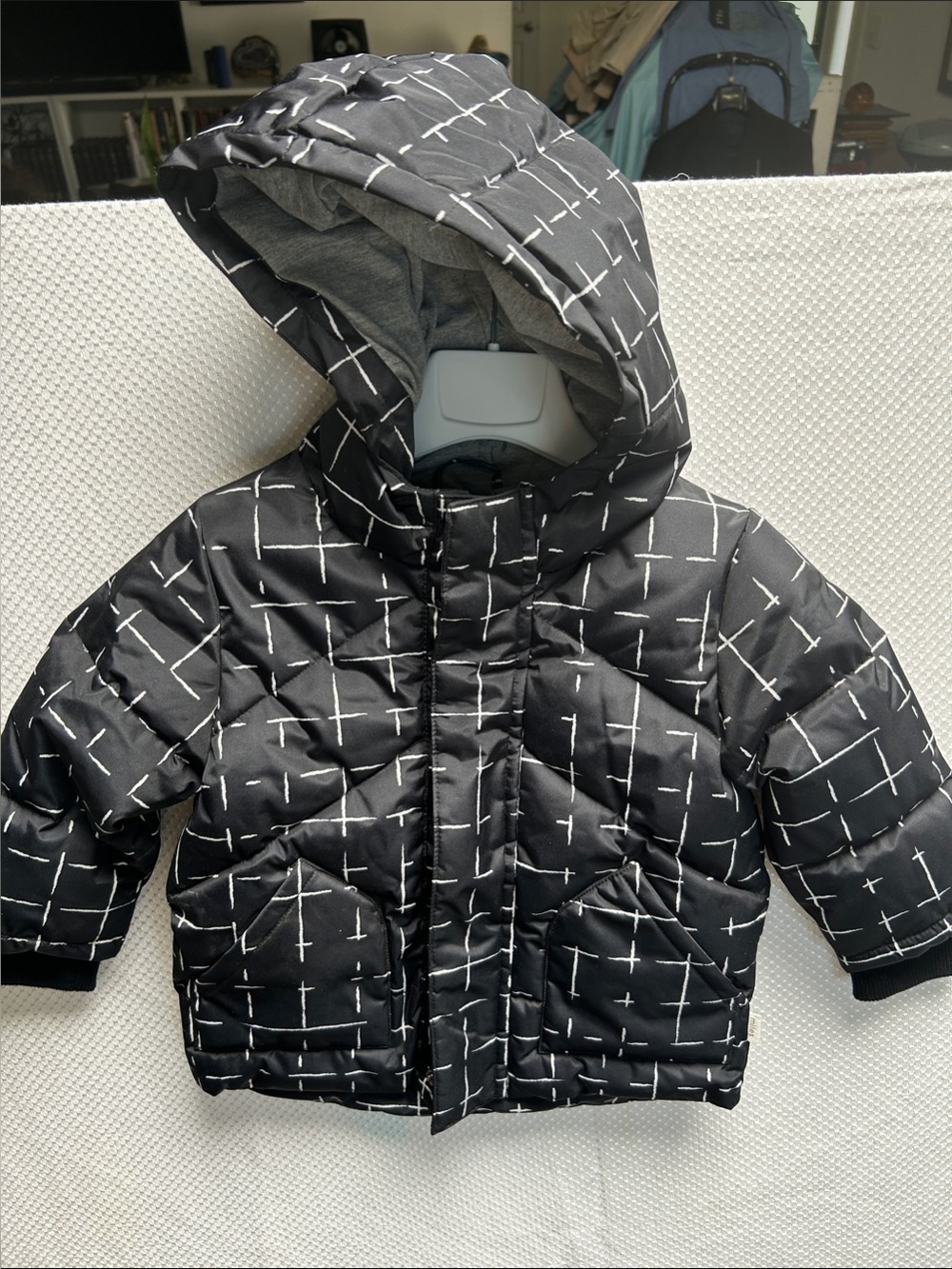 Miles Kids Black Quilted Puffer Jacket with Hood - Grid Print. Soft lining. NWT